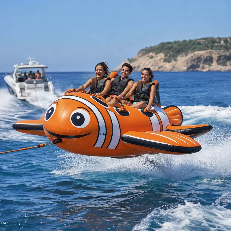 Clownfisch Form Aufblasbarer Zugreifen Tube Multi Rider Fliegender Wasserschlitten für Yacht Schleppung Strand Ozean Abenteuer