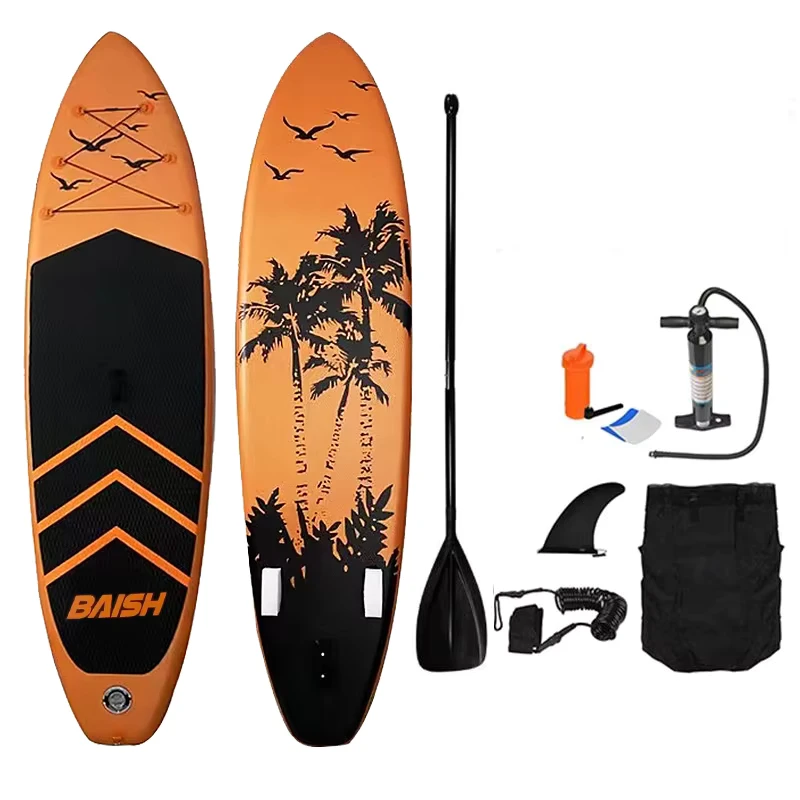 Paddleboard gonflable de style plage en forme de palmier avec toit antidérapant, pompe pour divertissement aquatique et surf