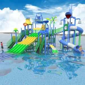 Équipement de jeu aquatique interactif en fibre de verre colorée, acier et bois pour enfants et familles, utilisation intérieure et extérieure