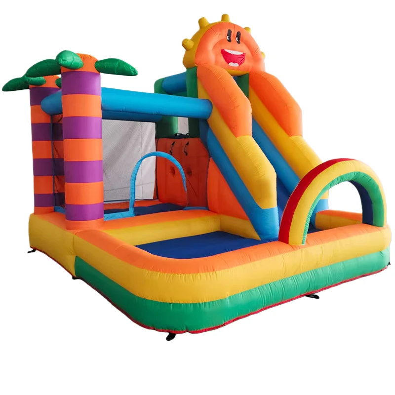 Colorful Inflatable Bounce House with Slide Sun & Palm Tree Theme Commercial Grade for Kids Parties, Rentals, Schools Events