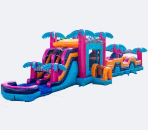 रंगीन बाधा कोर्स inflatable विशाल कूदने का घर बच्चों की बाहरी पार्टी और गर्मी की गतिविधियों के लिए पानी की स्लाइड के साथ