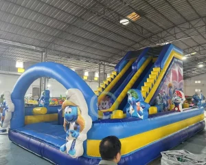 रंगीन पीवीसी इन्फ्लेटेबल कैसल ड्राई वाटर स्लाइड कस्टमाइज़ कार्टून थीम बच्चों के खेल उपकरण स्लाइड