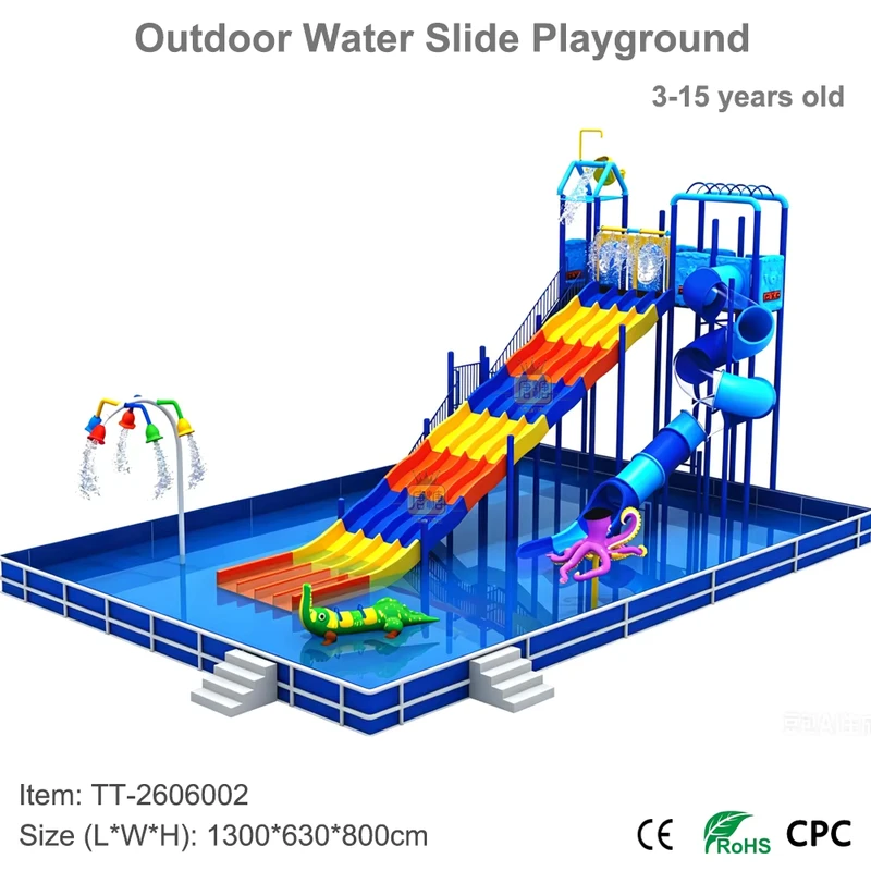 Kombination Schwimmbecken Rutschen Set Ausrüstung Wasserpark Spielplatz für Wasservergnügungspark Hotel mit Eimer oben Regenbogenrutsche