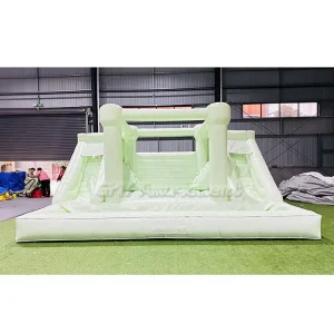 Combo castillo inflable y tobogán húmedo-seco, castillo de salto rosa pastel y verde, tobogán doble con soplador