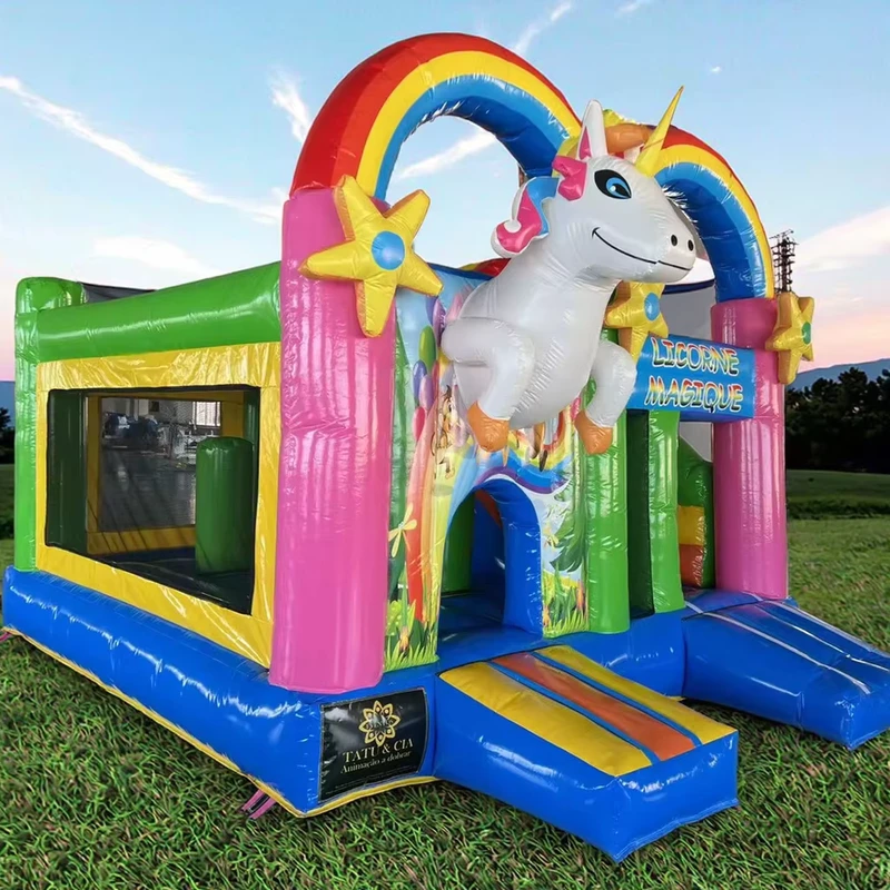 Château Gonflable Combo avec Toboggan et Parcours d'Obstacles pour Fête Licorne Magique Écologique Certifié CE