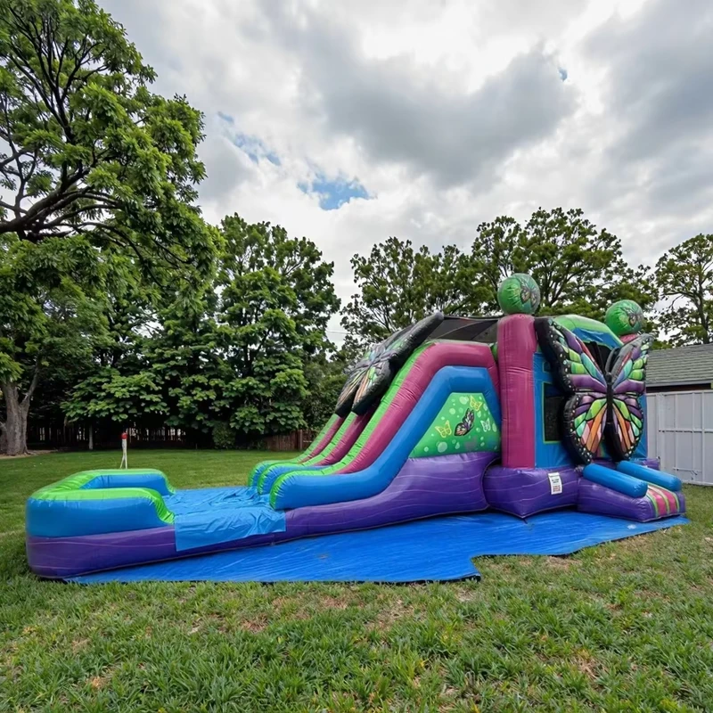 Commercial 0.55mm Thick PVC Colorful Butterfly Inflatable Combo Bounce House Water Slide 12 Person Capacity 3 Year Warranty
