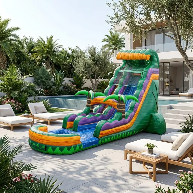 Commercial 22FT 20FT Marble Green Inflatable Water Slide with Pool Palm Tree Slide for Kids