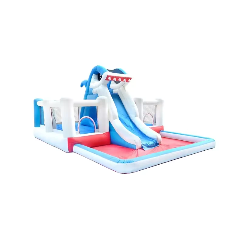 Commercieel Volwassenen Reuzen Bouncy Castle Kwaliteit Haai Opblaasbare Waterglijbaan Park Zwembad 420D Oxford PVC Zeil EN 71 ASTM F963