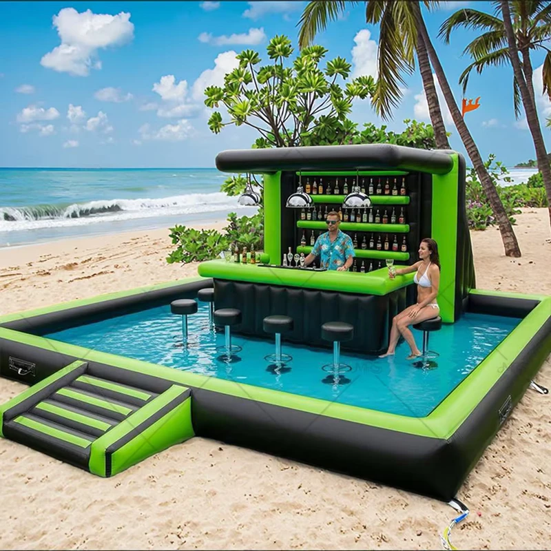 Kommerzieller großer Plattform-Party-Schwimmbarer Inflatable Pool Bar aus PVC-Material mit UV-Schutz, wasserdicht und flammhemmend