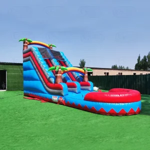 Tobogán de Agua Tropical Inflable Comercial de Palma de Coco en el Jardín, Tobogán Seco Rojo Mármol Morado para Fiesta con Piscina