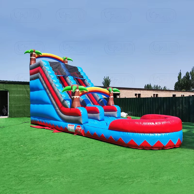 Escorrega Inflável Comercial de Palma de Coco Tropical com Escorrega Roxo e Mármore Vermelho para Festa com Piscina