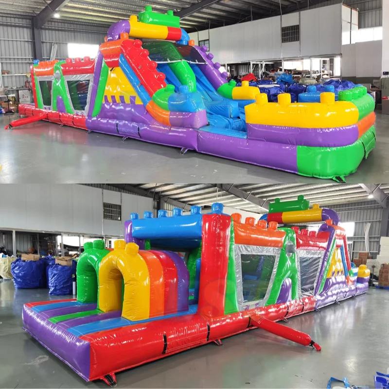 Kursus Rintangan Inflatable Blok Komersial dengan Seluncur Air, Permainan Olahraga Fun Run dan Hiburan Rumah Lompatan