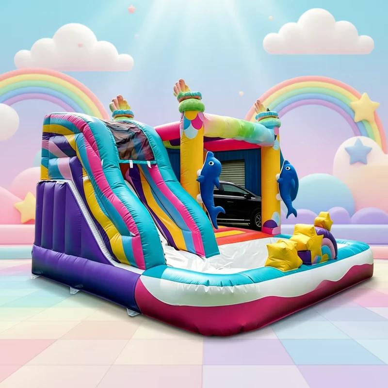 Commercial Blue Purple PVC Inflatable Castle Bounce House Double Lane Slide 3 Year Warranty Easy Setup for Kids Party Rental