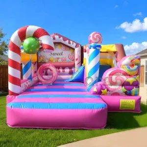 Rumah Lompat Inflatable Bertema Permen Komersial dengan Seluncuran untuk Anak-anak