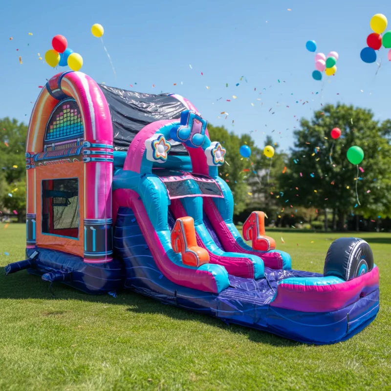 Lâu đài bouncy chủ đề âm nhạc thương mại, trò chơi trẻ em, kết hợp nhà nhảy và cầu trượt