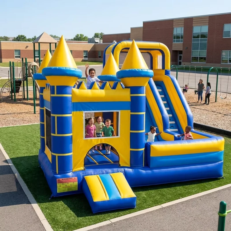 Commercial Castle Inflatable Bounce House with Slide Blue Yellow PVC Bouncy Castle Combo for Kids Party Rental