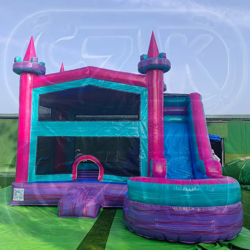 Kombinasi Rumah Bouncy Inflatable Berwarna Klasik Komersial dengan Seluncuran Kering dan Basah