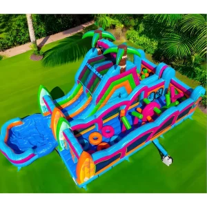 Parcours d'obstacles gonflable coloré avec mur d'escalade commercial, toboggan aquatique et toboggan sec pour enfants