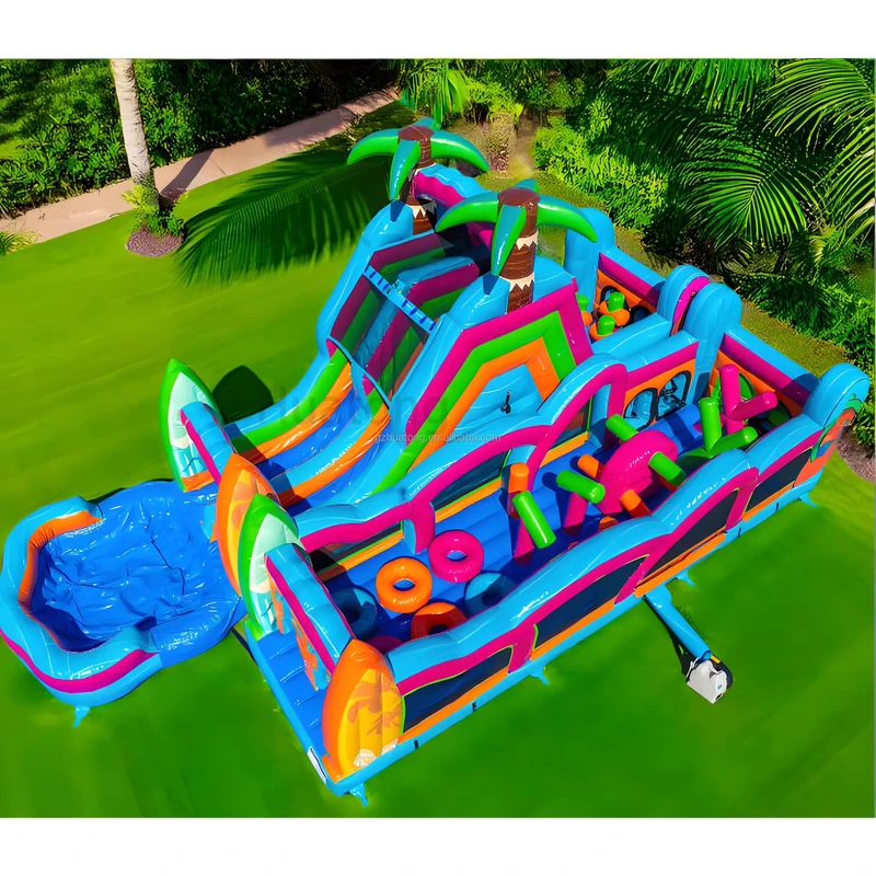Parete di Arrampicata Commerciale Colorata, Corso ad Ostacoli Gonfiabile con Scivolo Acquatico e Scivolo Asciutto per Bambini