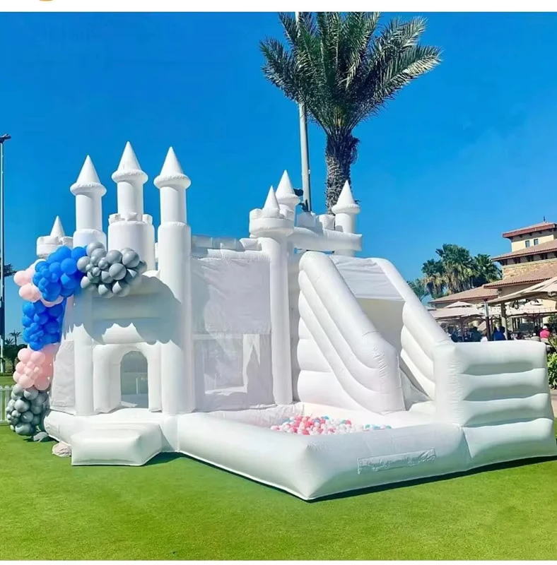 Castelo Inflável Branco Combo Comercial com Escorrega e Piscina de Bolas, Equipamento de Diversão para Festa de Crianças