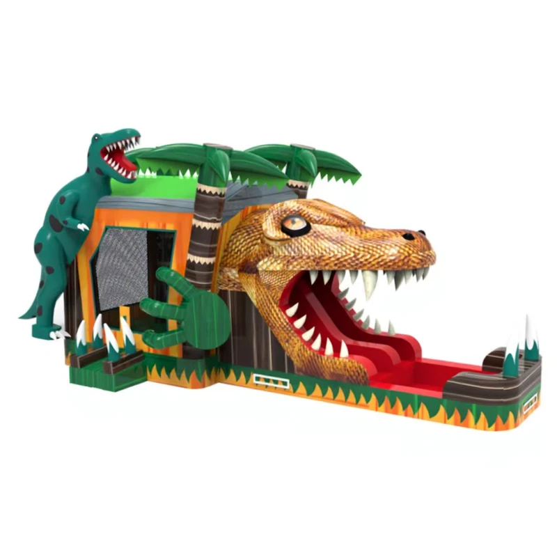 Castello gonfiabile commerciale a tema dinosauro con scivolo d'acqua, casa gonfiabile per feste in affitto