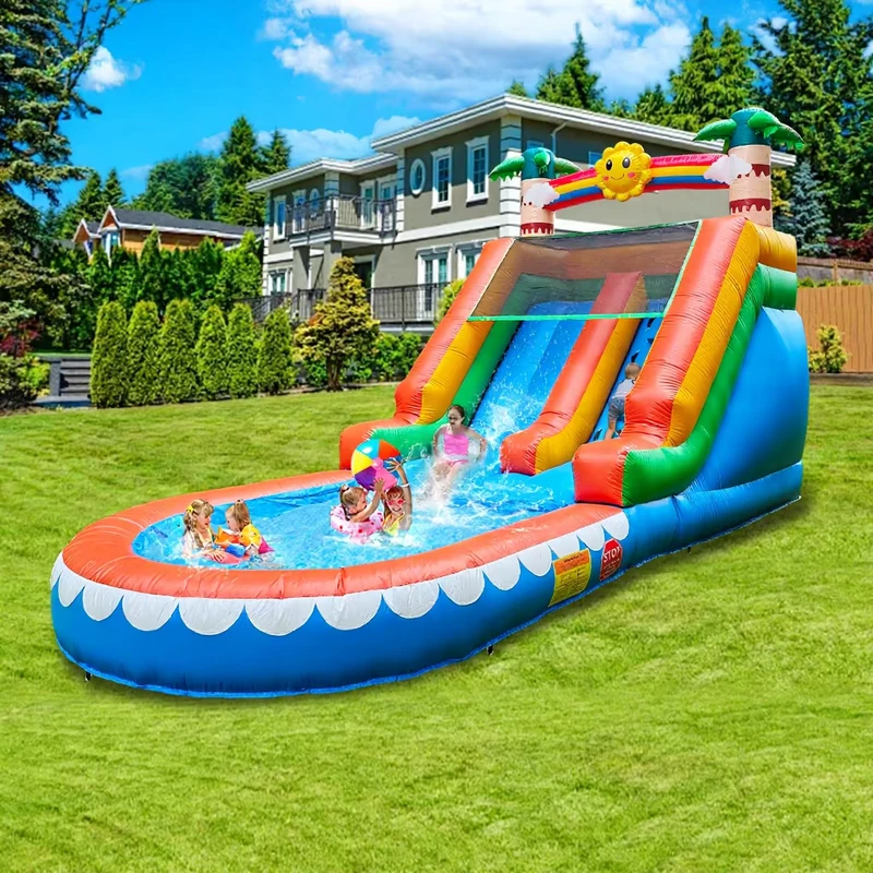 Kommerzieller Doppelbahn-Wasserrutsche, aufblasbare Wasserrutsche mit Schwimmbecken und Klettern