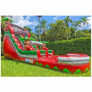 Seluncuran Air Inflatable Ganda Raksasa PVC Komersial dengan Kombinasi Kolam dan Bounce Palm Tree Basah Kering untuk Taman Belakang Luar Ruangan