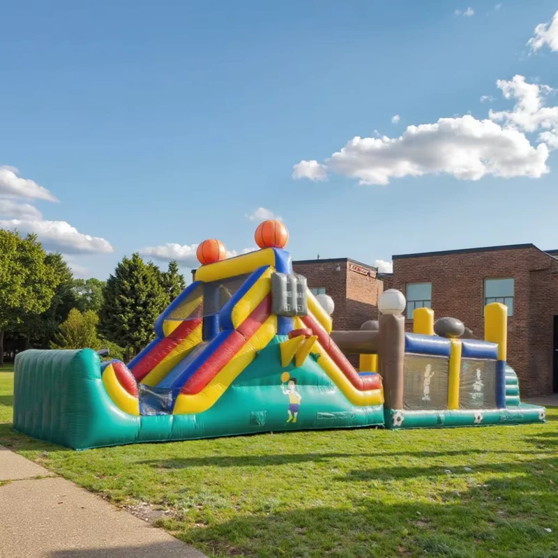 Kursus Rintangan Bouncy Raksasa Bertema Ninja AMO029 Kualitas Komersial Bahan PVC Jahitan Ganda 500KG