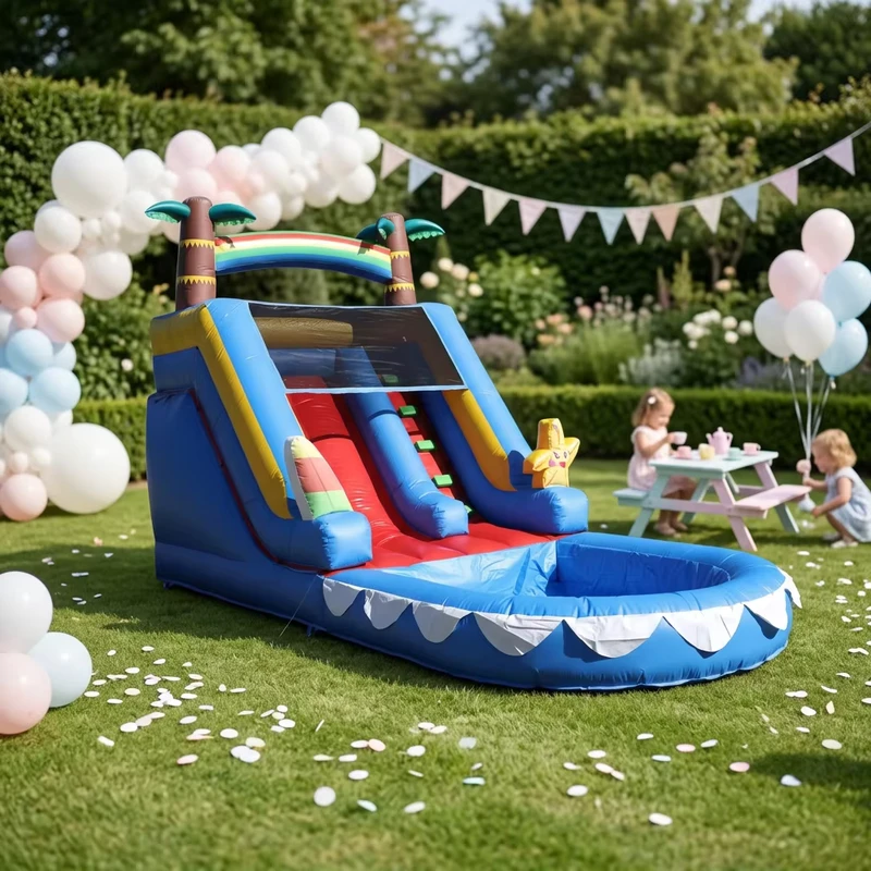 Tobogán inflable de doble carril de grado comercial con piscina, tobogán de PVC resistente para adultos y niños con soplador de aire