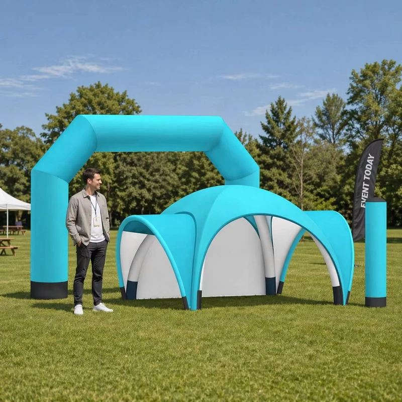 Structure d'événement gonflable de qualité commerciale, tente en arc bleu et pilier pour promotions extérieures, entrées d'événements