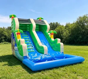 Commercial Grade Jungle Theme Tree Blue Amusement Inflatable Water Slides With Pool