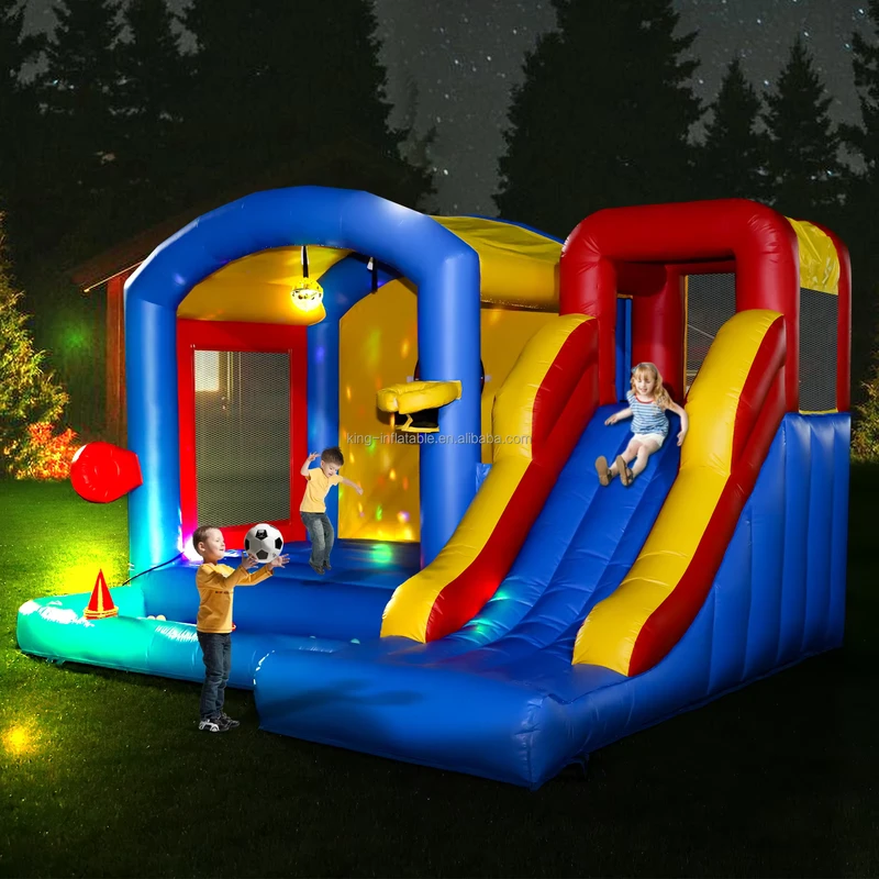 Kastil Bouncy Inflatable Kelas Komersial PVC Kombinasi untuk Dewasa dan Anak dengan Seluncuran dan Kolam Bola