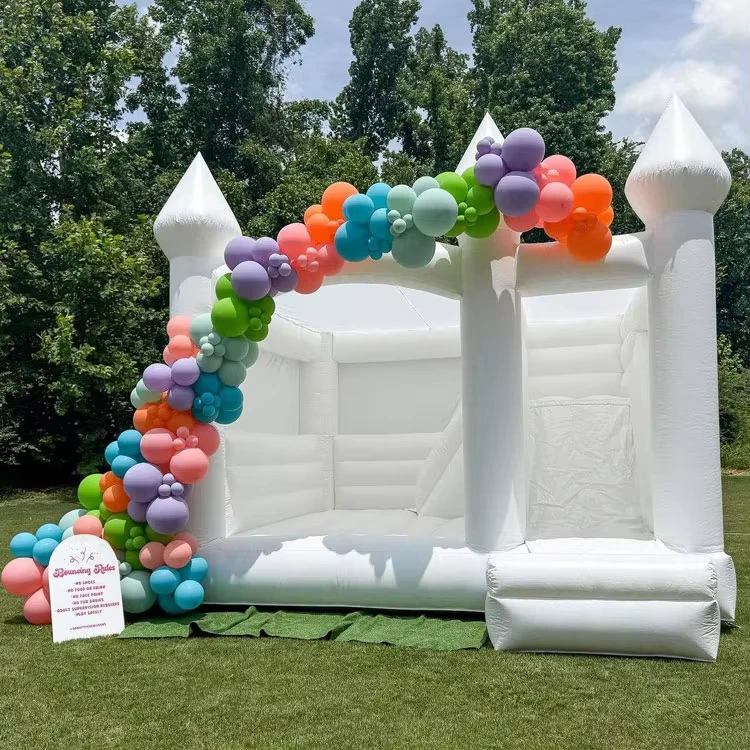 Castelo Inflável Branco de PVC de Grau Comercial com Poço Casa de Saltar Inflável Rosa para Crianças Moonwalk Casa Branca para Festa