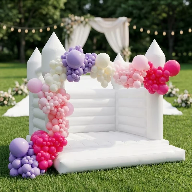Castillo inflable de PVC blanco de grado comercial de 0,55 mm con fácil instalación para eventos de boda, tamaño personalizable