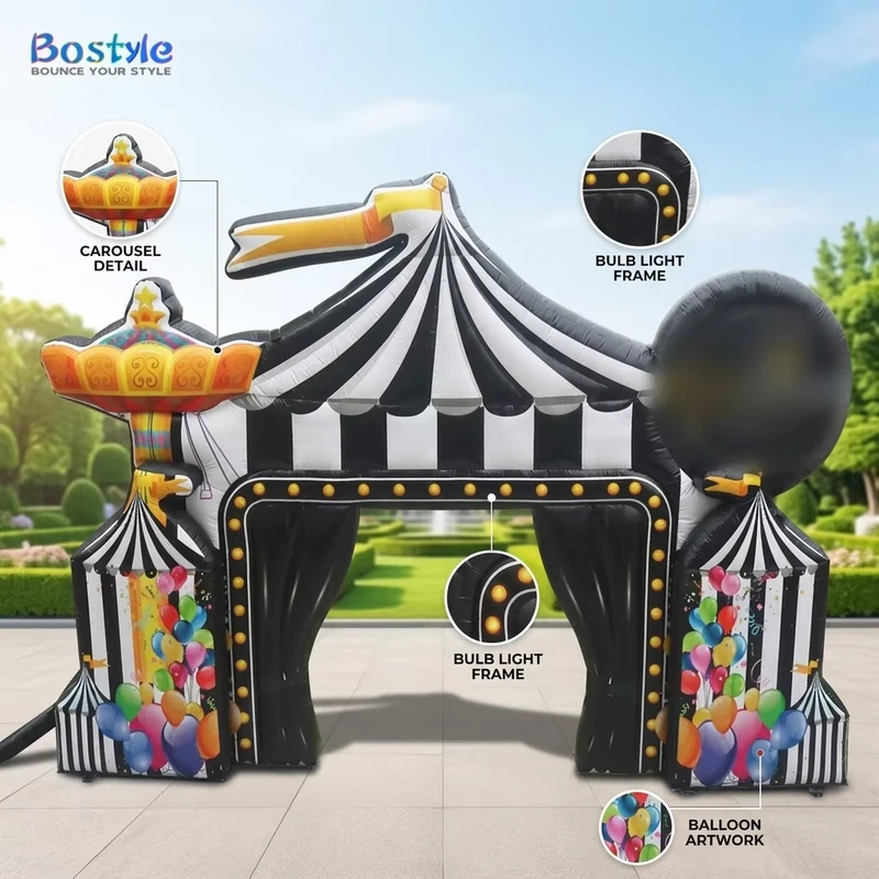 Grande tenda gonfiabile a forma di arco da circo commerciale per decorazioni in parchi di divertimento, centri commerciali e festival.