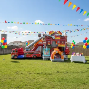 Kombinasi Kastil Bouncy Inflatable Komersial Tema Mobil Pemadam Kebakaran dengan Seluncuran untuk Sewa Pesta