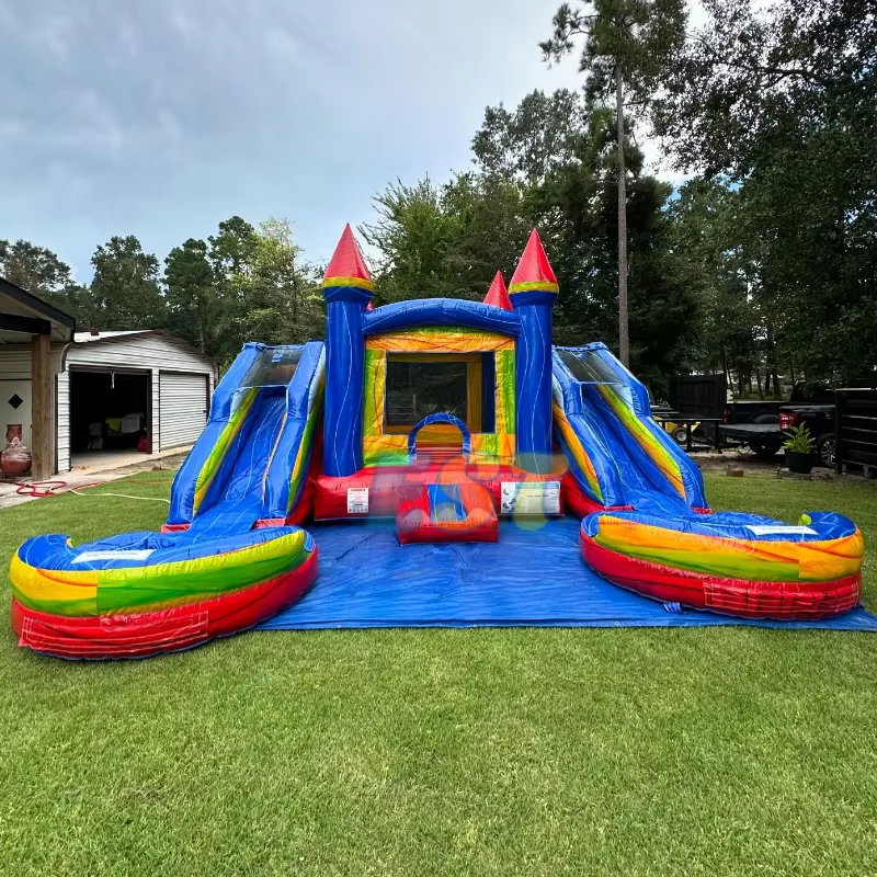 Castillo hinchable comercial para niños, combo de tobogán doble, castillo saltarín con trampolines y soplador para alquiler de fiestas