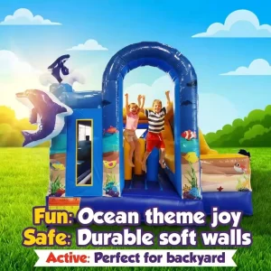 Commercial Inflatable Bouncy Castle Ocean Dolphin Theme Jumping House with Water Slide for Kids Outdoor Backyard Party