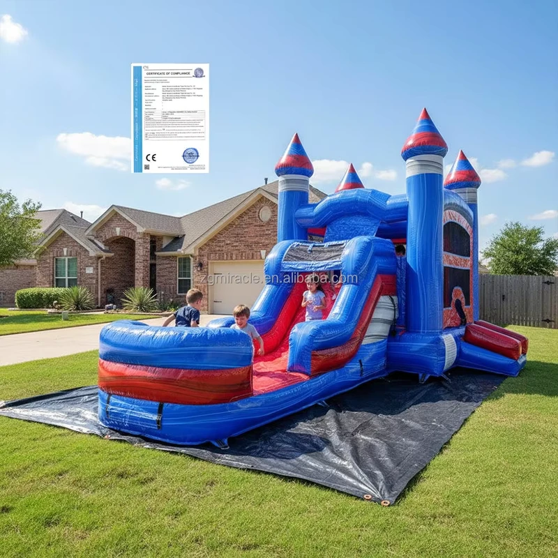 Château gonflable commercial avec toboggan combo humide et sec, maison de saut rouge et bleue avec piscine pour fête