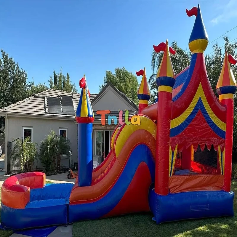 Kastil Bouncy Inflatable Komersial dengan Seluncuran Kombinasi Rumah Lompat Basah Kering dengan Kolam untuk Pesta dan Hiburan