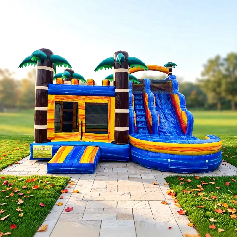 Castillo hinchable de dibujos animados azul PVC con soplador para niños, perros y familias