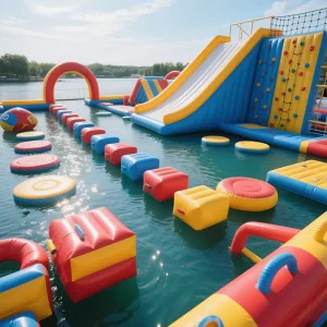 Parco acquatico gonfiabile commerciale con scivolo e ostacoli, attrezzatura per divertimenti estivi per bambini e adulti