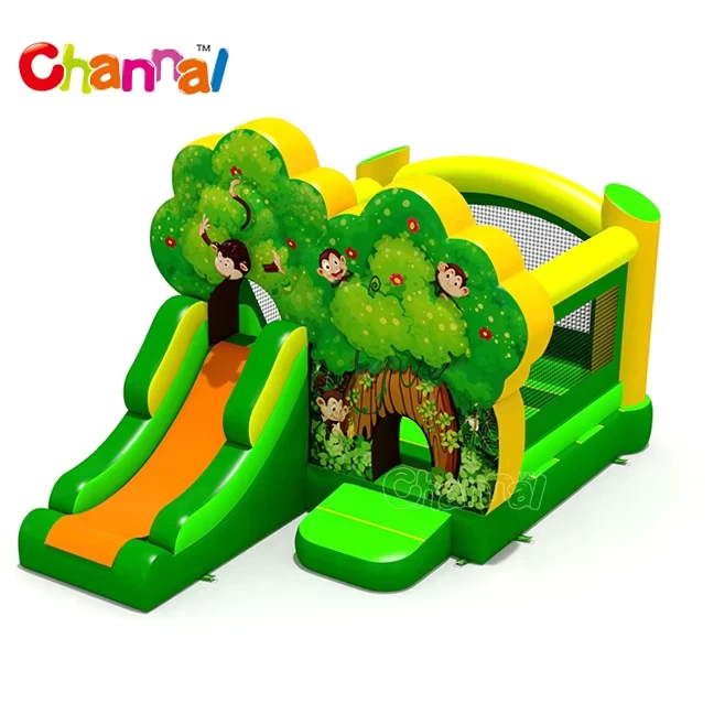 Combo commerciale gonfiabile a tema scimmia della foresta con scivolo, ostacoli e castello da salto