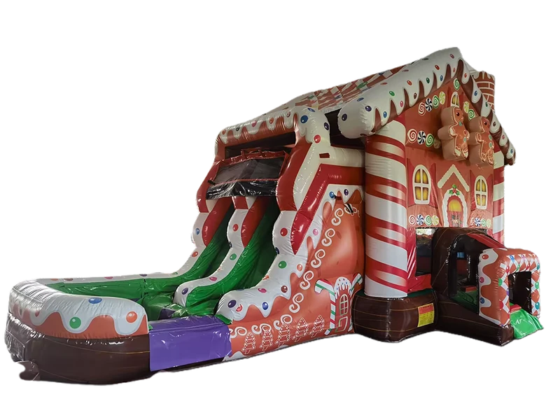 Nhà nhảy Giáng sinh bánh gừng inflatable thương mại ướt khô kết hợp với cầu trượt đôi và bể bơi