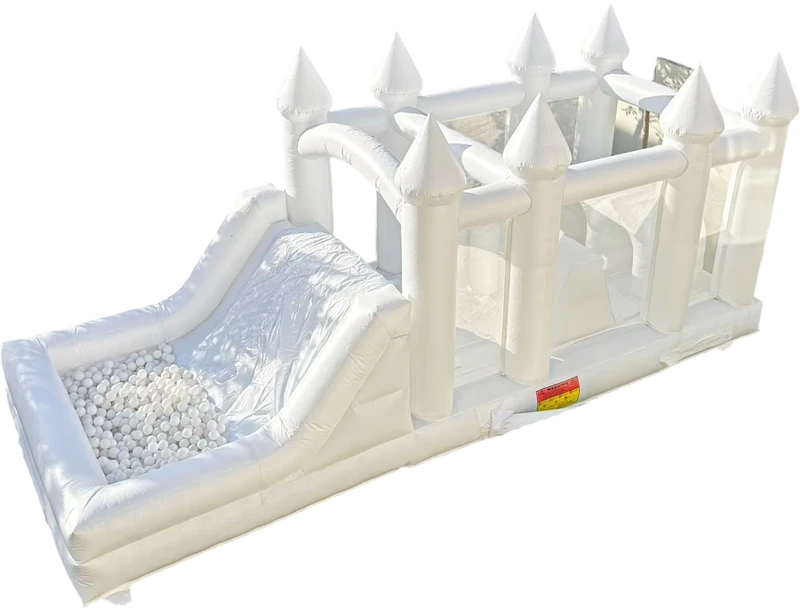 Castelo Inflável Comercial com Curso de Obstáculos, Piscina de Bolas Brancas e Escorrega para Brincadeiras ao Ar Livre