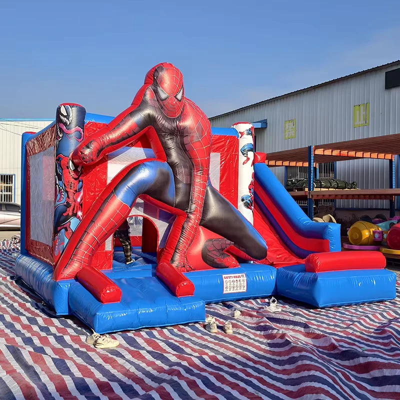 Kastil Bouncy Spider-man Inflatable Komersial dengan Seluncuran Bahan PVC untuk Pesta Anak-anak
