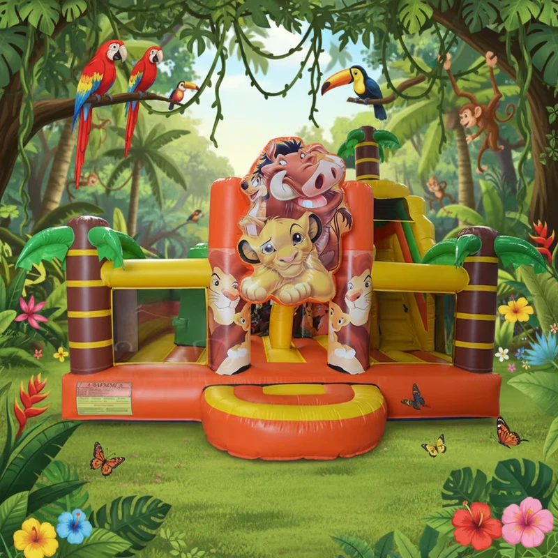 บ้านกระโดดธีมสิงโตป่าเป่าลมเชิงพาณิชย์พร้อมสไลเดอร์ ทนทาน PVC สำหรับงานคาร์นิวัลและเช่าอีเวนต์