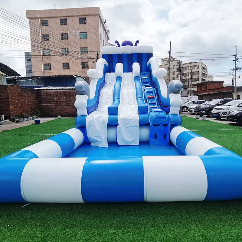 Toboggan gonflable commercial en PVC avec piscine pour enfants et adultes, double voie, couleur et logo personnalisables, taille sur mesure