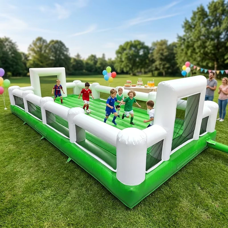 Campo de fútbol inflable comercial, material de PVC blanco y verde, red de seguridad, tamaño personalizable para uso exterior de niños y adultos