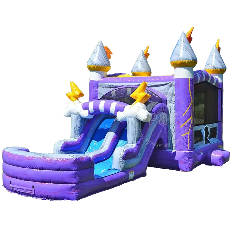 Castillo Inflable Comercial Thunderbolt Combo de Doble Carril, Castillo Saltarín Inflable de Color Púrpura con Trueno y Lluvia